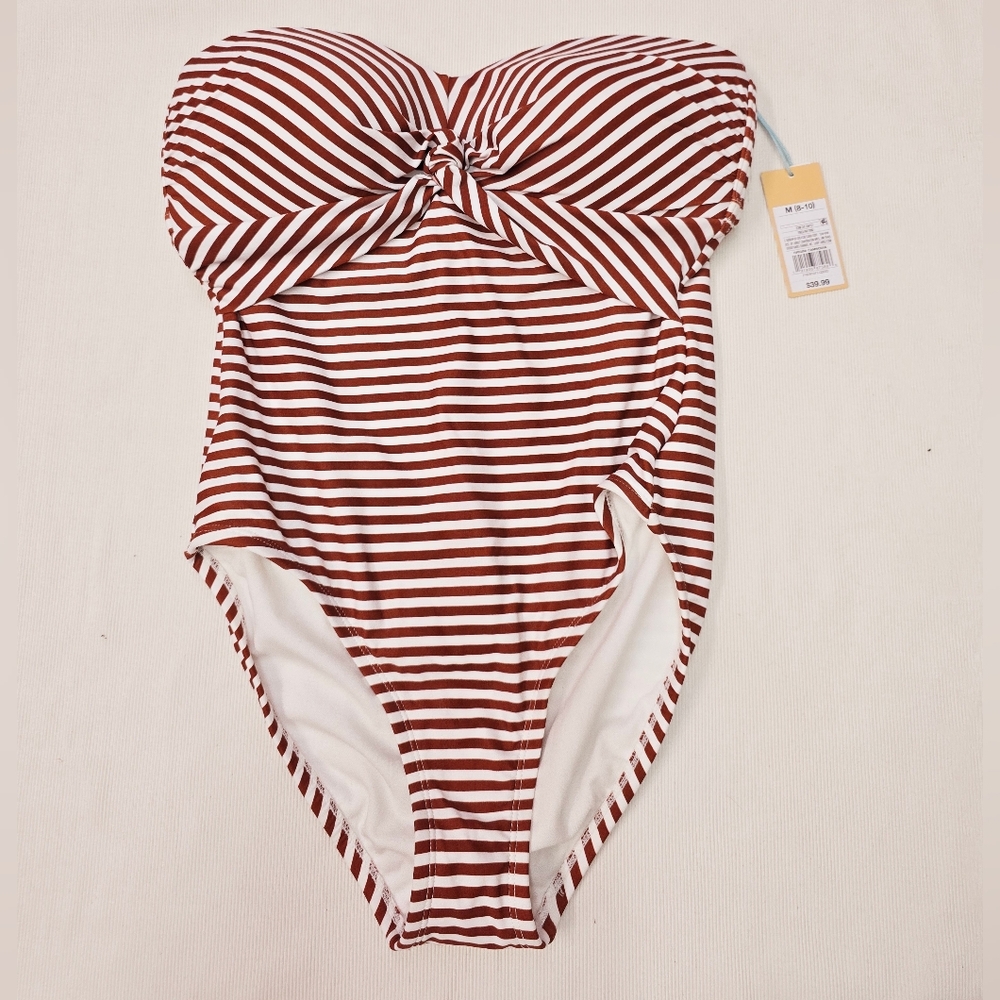 Kona Sol Strapless Front Knot Stripe One-Piece Swimsuit- Terrecotta, Medium